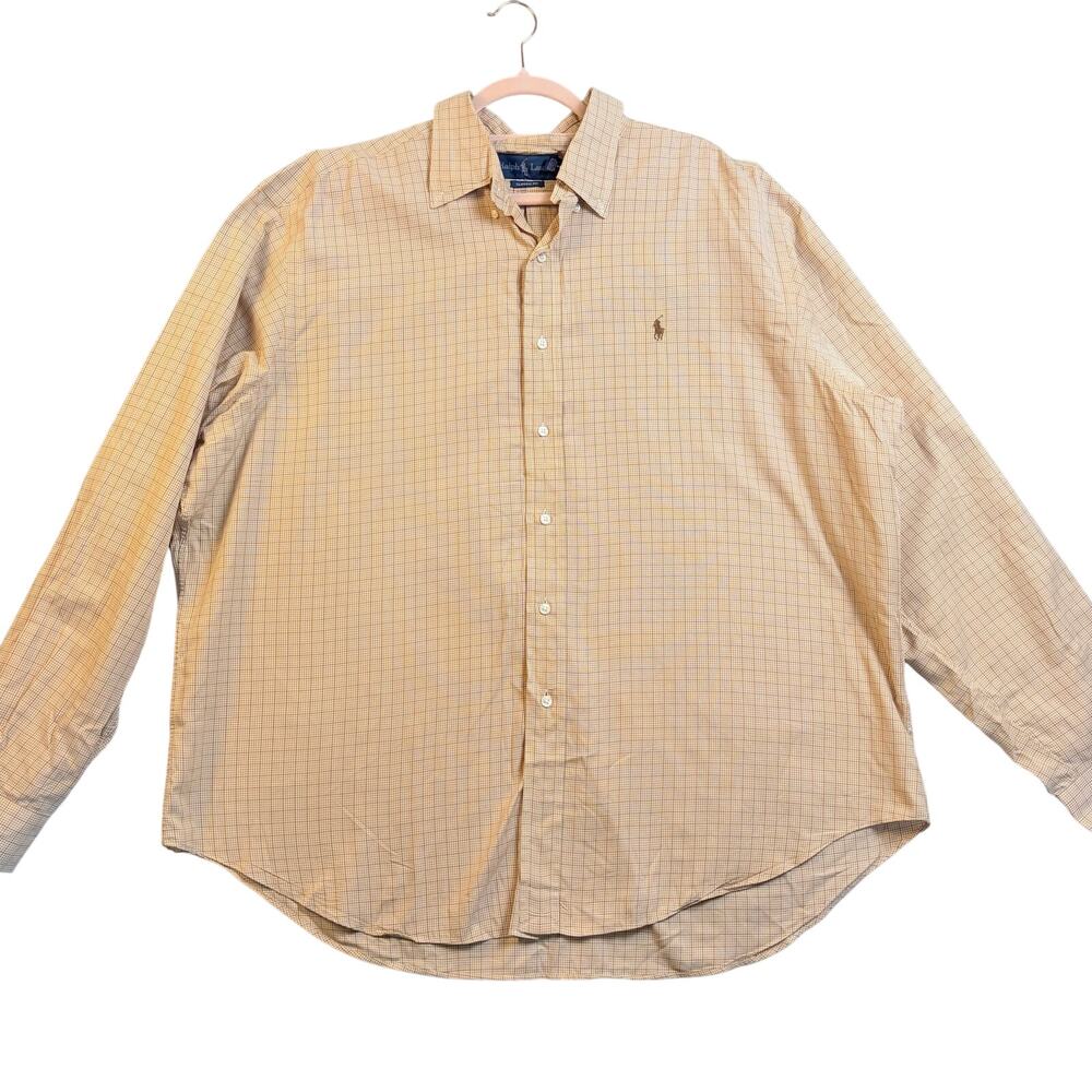 Ralph Lauren Button Down Shirt Men's XXL Brown Tan Plaid Houndstooth Classic Fit